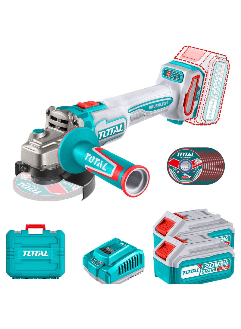 توتال جلاخة زاوية لاسلكية من توتال بجهد ٢٠ فولت، مزودة بمحرك بدون فحمات، بقطر ١١٥ ملم وقدرة قصوى تصل إلى ١٢٠٠ واط، مع ٣ سرعات تشغيل، وتأتي مع بطاريتين سعة ٥٫٠ أمبير-ساعة، وشاحن ٤٫٠ أمبير، و١٠ أقراص قطع، وحقيبة حمل - Image 1